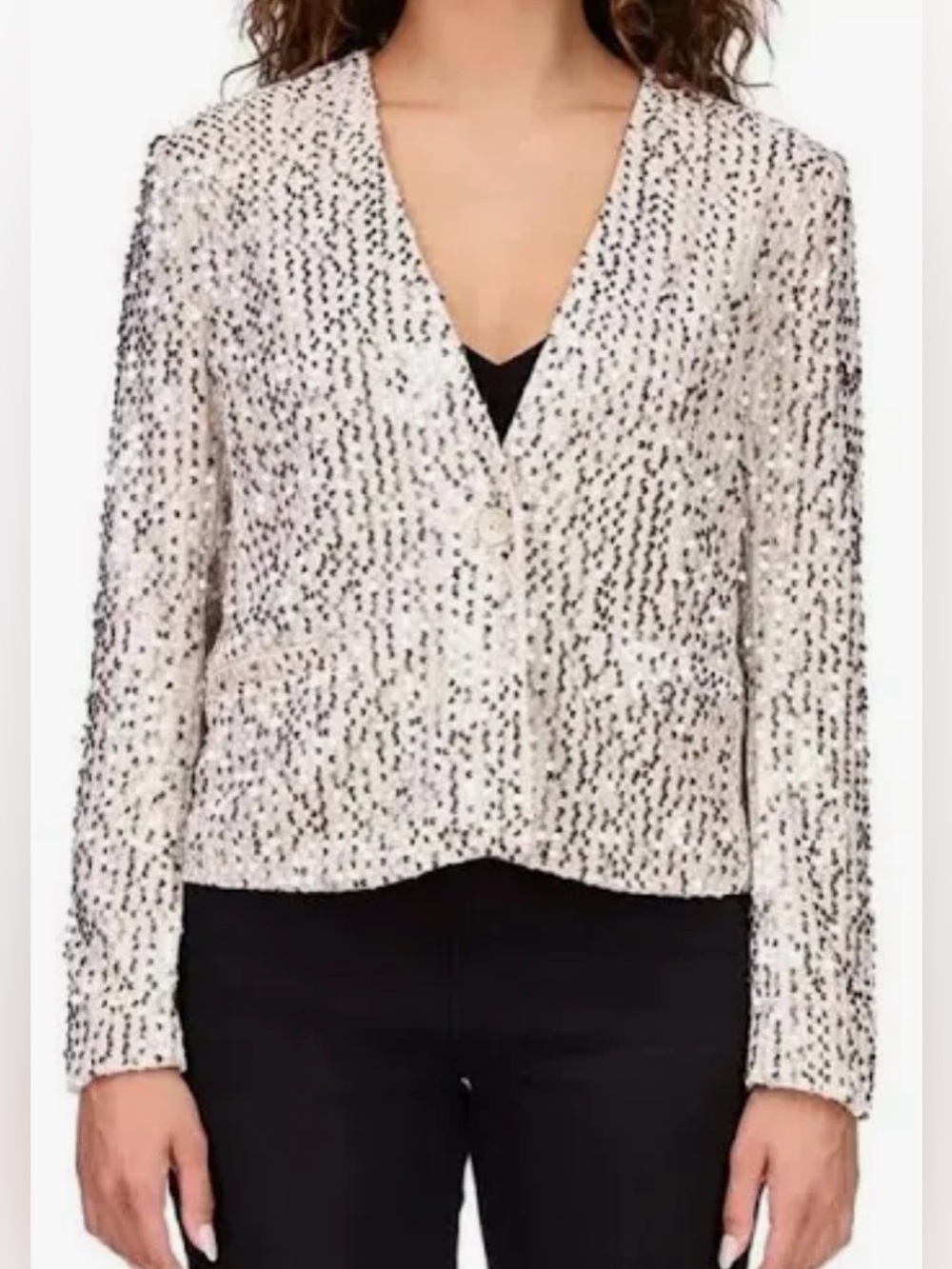 Sanctuary Sequin V-Neck Evening Velvet Jacket - Cream/Silver